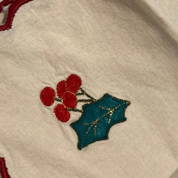 Mid Century Linen Blend Embroidered Metallic Ribbon Holly Tablecloth & Napkins - Picture 8 of 9